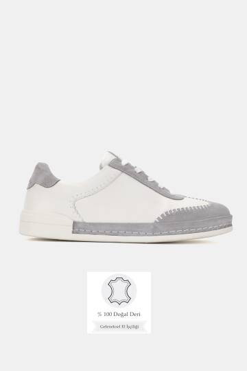 ERKEK BEYAZ - GRİ SÜET HAKİKİ DOĞAL DERİ SNEAKER AYAKKABI - 1