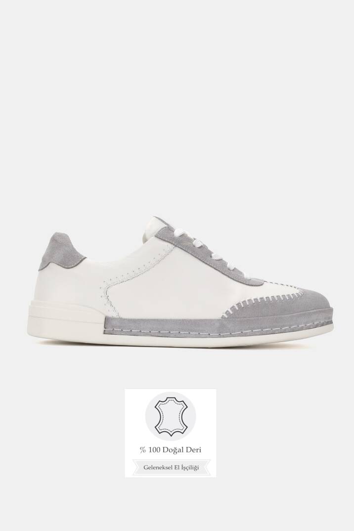 ERKEK BEYAZ - GRİ SÜET HAKİKİ DOĞAL DERİ SNEAKER AYAKKABI - 1