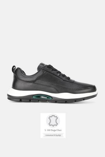 ERKEK SİYAH HAKİKİ DERİ EVA TABAN BAĞCIKLI SNEAKER AYAKKABI - 1