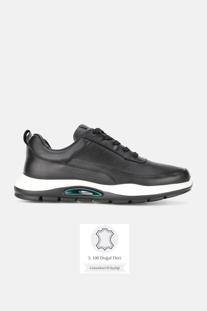 ERKEK SİYAH HAKİKİ DERİ EVA TABAN BAĞCIKLI SNEAKER AYAKKABI - 1