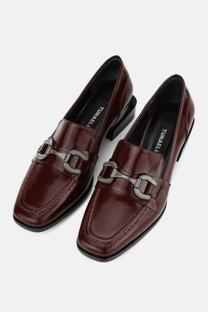 KADIN BORDO RUGAN HAKİKİ DOĞAL DERİ 34-42 NUMARA KALIN TOPUKLU TOKALI LOAFER AYAKKABI - 2