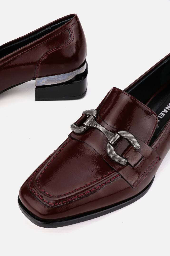 KADIN BORDO RUGAN HAKİKİ DOĞAL DERİ 34-42 NUMARA KALIN TOPUKLU TOKALI LOAFER AYAKKABI - 3