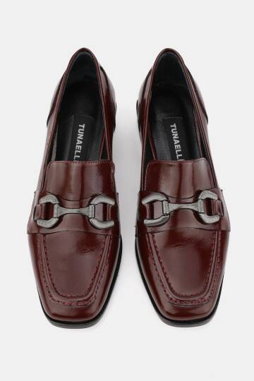 KADIN BORDO RUGAN HAKİKİ DOĞAL DERİ 34-42 NUMARA KALIN TOPUKLU TOKALI LOAFER AYAKKABI - 4