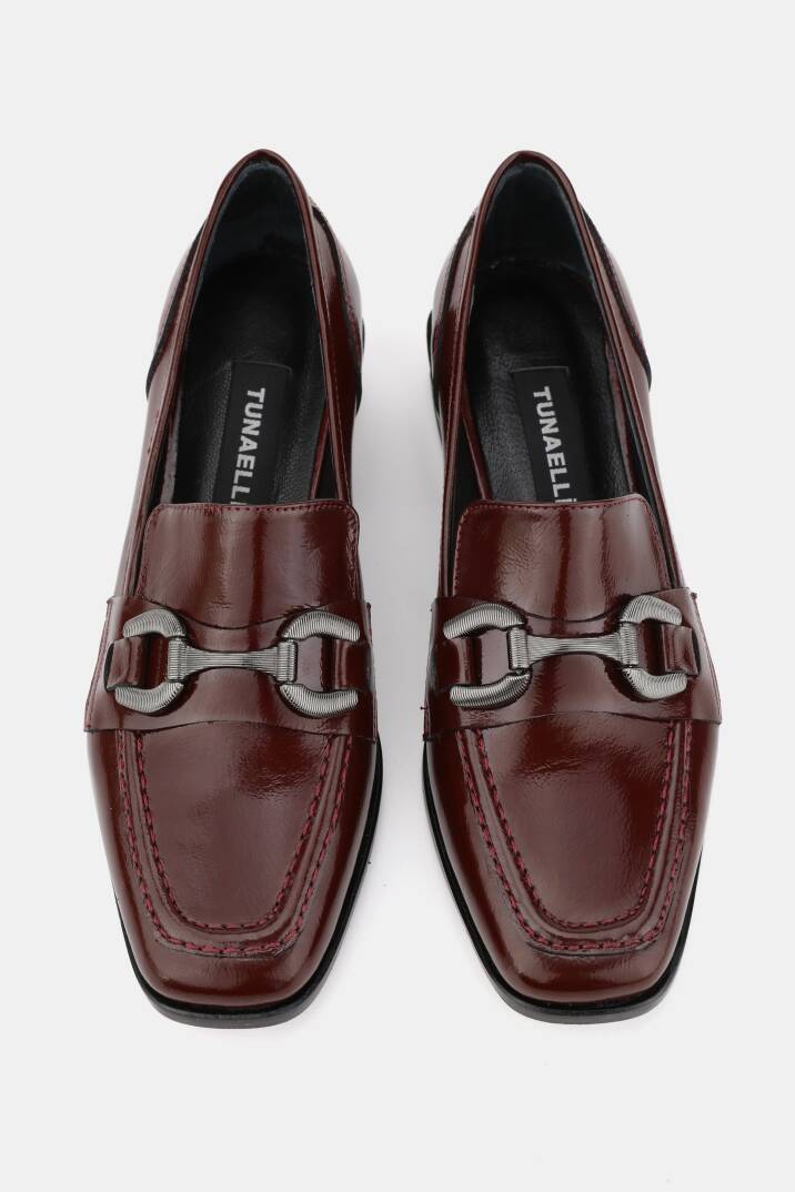 KADIN BORDO RUGAN HAKİKİ DOĞAL DERİ 34-42 NUMARA KALIN TOPUKLU TOKALI LOAFER AYAKKABI - 4