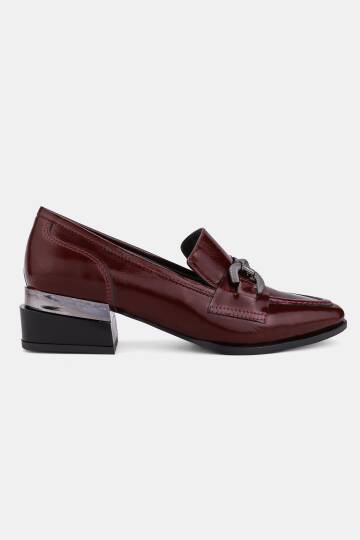 KADIN BORDO RUGAN HAKİKİ DOĞAL DERİ 34-42 NUMARA KALIN TOPUKLU TOKALI LOAFER AYAKKABI - 5